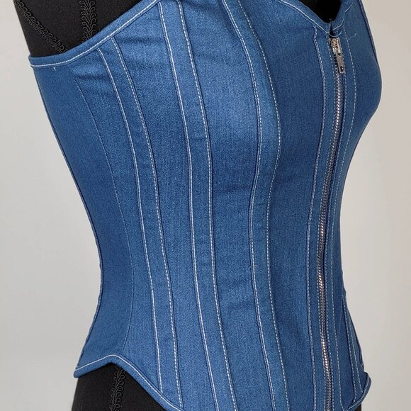 Sexy Blue Denim Corset With Zipper - Picture 1 of 9